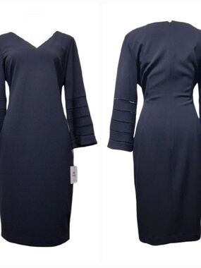Calvin Klein Black V-Neck Midi Dress with Ladder Sleeve Detail